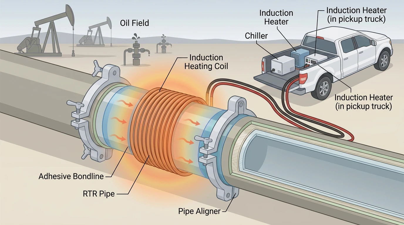 Field joining of reinforced thermoplastic pipe: an induction heating coil wrapped around the joint between two pipe aligner clamps melts the adhesive bondline, while a chiller and induction heater run from a pickup truck against an oil-field backdrop.